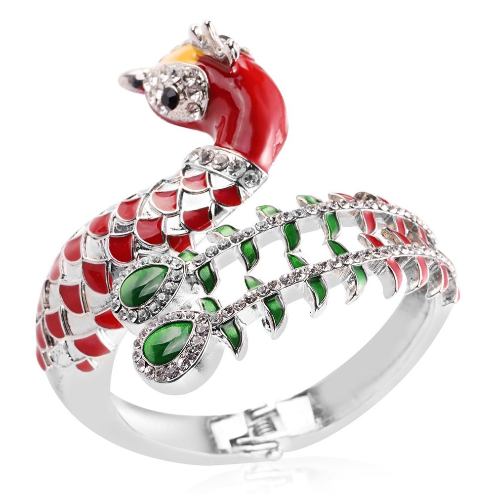Peacock Bangle Enameled, Crystal Bracelet